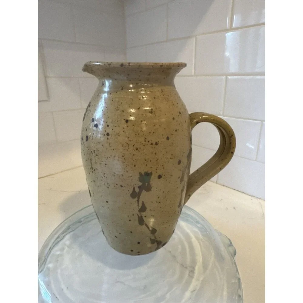 Small Handmade Pitcher Brown With Flowers 7 1/2 Tall Vintage